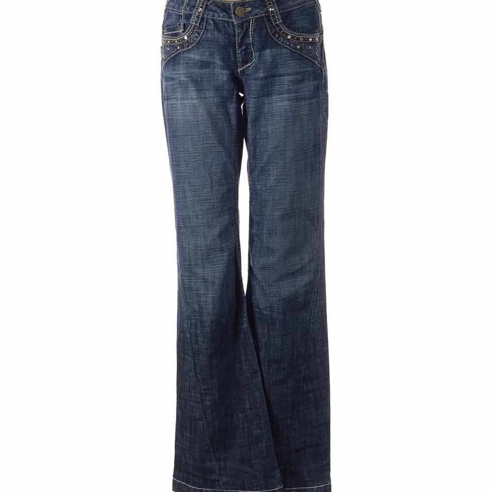 bebe Dark Blue Flare Jeans with Embellished Pockets